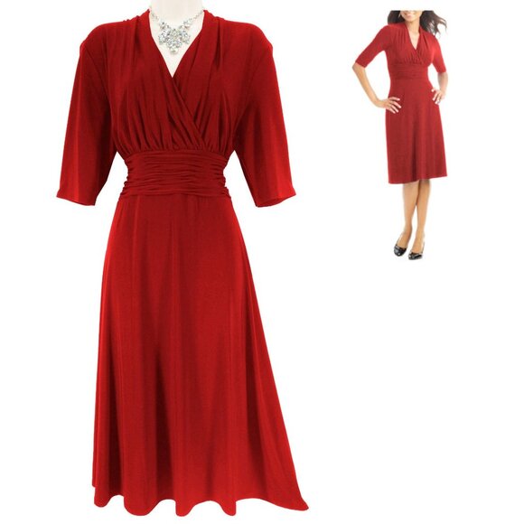 Evan Picone Red Ruched Waist Midi Dress Size 8 Christmas Holiday Party Wedding - Picture 1 of 5